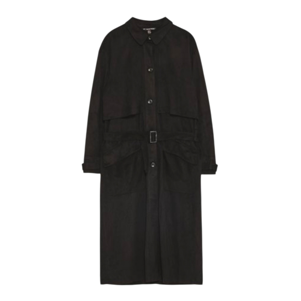 ZARA TRF Women L XL Black Faux Suede Trench Coat Long Belted Jacket Outerwear